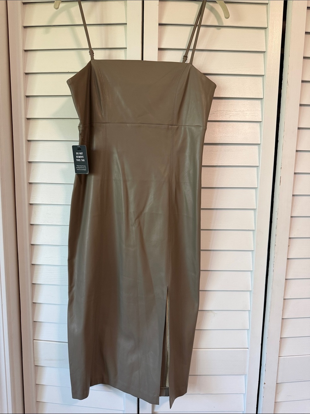 NWT Express Spaghetti strap Faux Leather Slip Dress in light Olive, size small